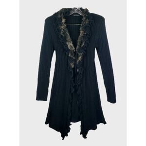 Vtg Mechant Wool Ruffle Fur Trim Open Tie Front Long Wool Cardigan Large Fashion